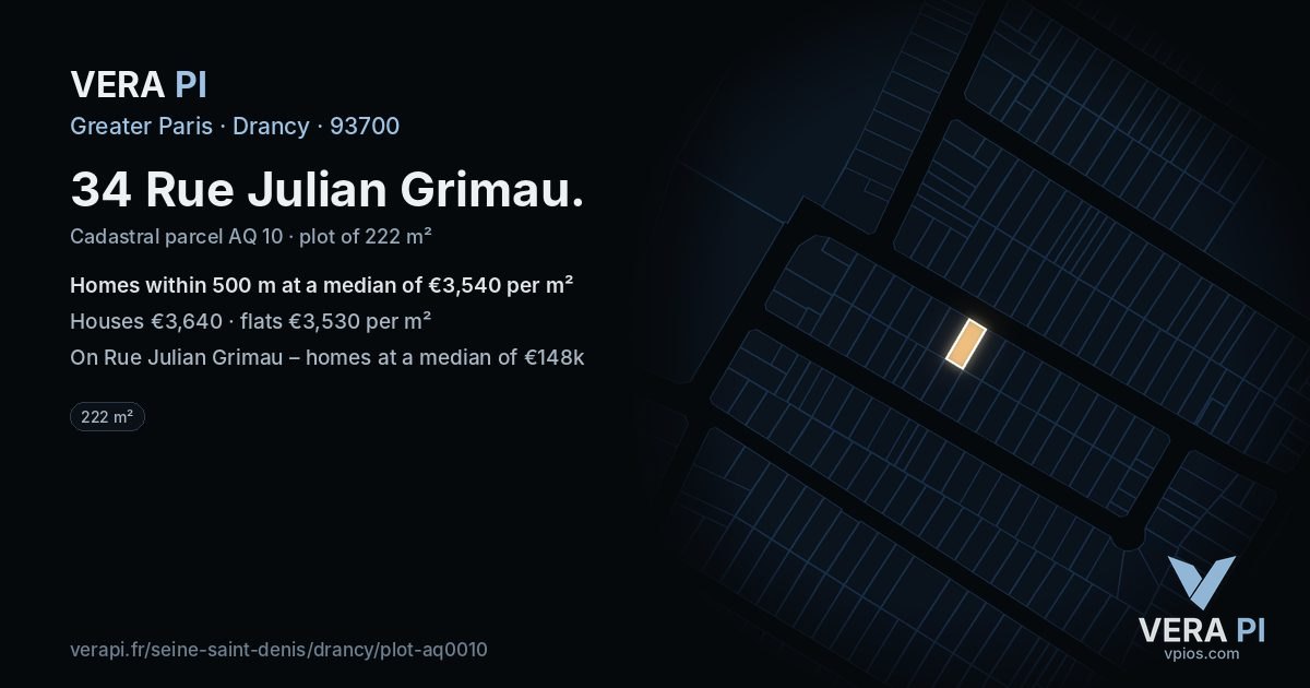 34 Rue Julian Grimau, Drancy at night – the plot lit, the parcels around coloured by the prices near them