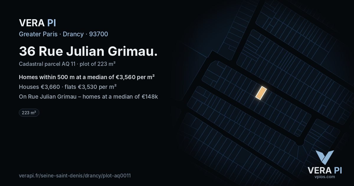 36 Rue Julian Grimau, Drancy at night – the plot lit, the parcels around coloured by the prices near them