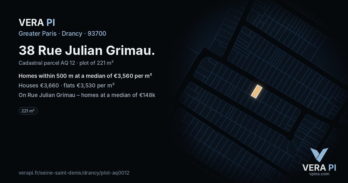 38 Rue Julian Grimau, Drancy at night – the plot lit, the parcels around coloured by the prices near them