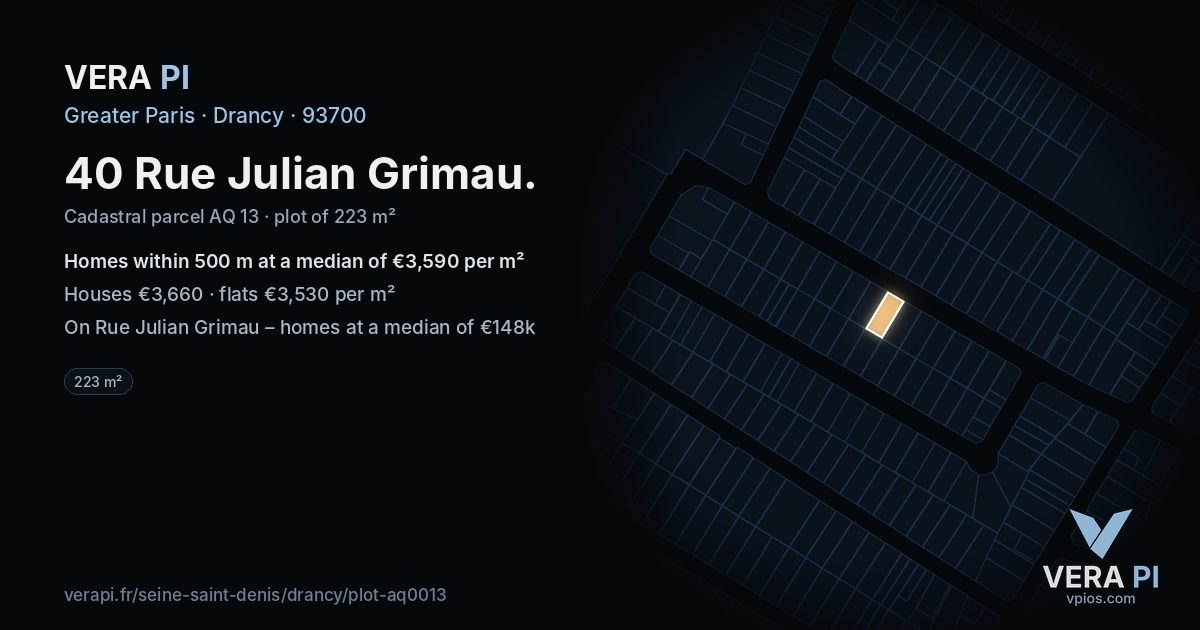 40 Rue Julian Grimau, Drancy at night – the plot lit, the parcels around coloured by the prices near them