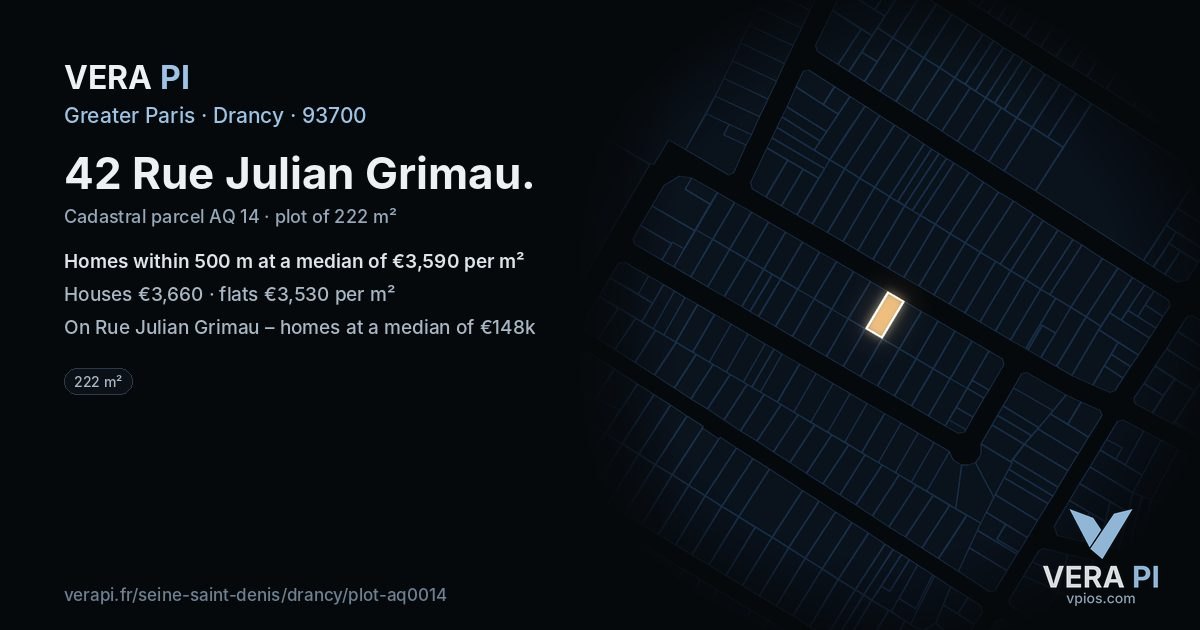 42 Rue Julian Grimau, Drancy at night – the plot lit, the parcels around coloured by the prices near them