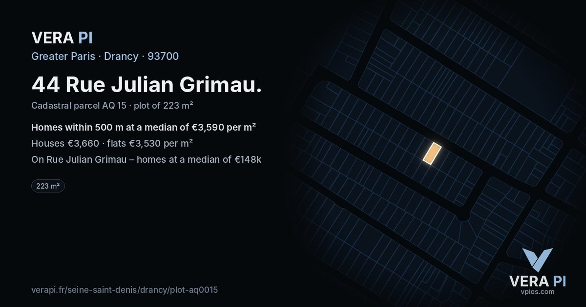 44 Rue Julian Grimau, Drancy at night – the plot lit, the parcels around coloured by the prices near them