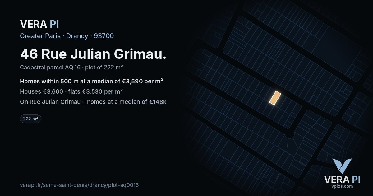 46 Rue Julian Grimau, Drancy at night – the plot lit, the parcels around coloured by the prices near them