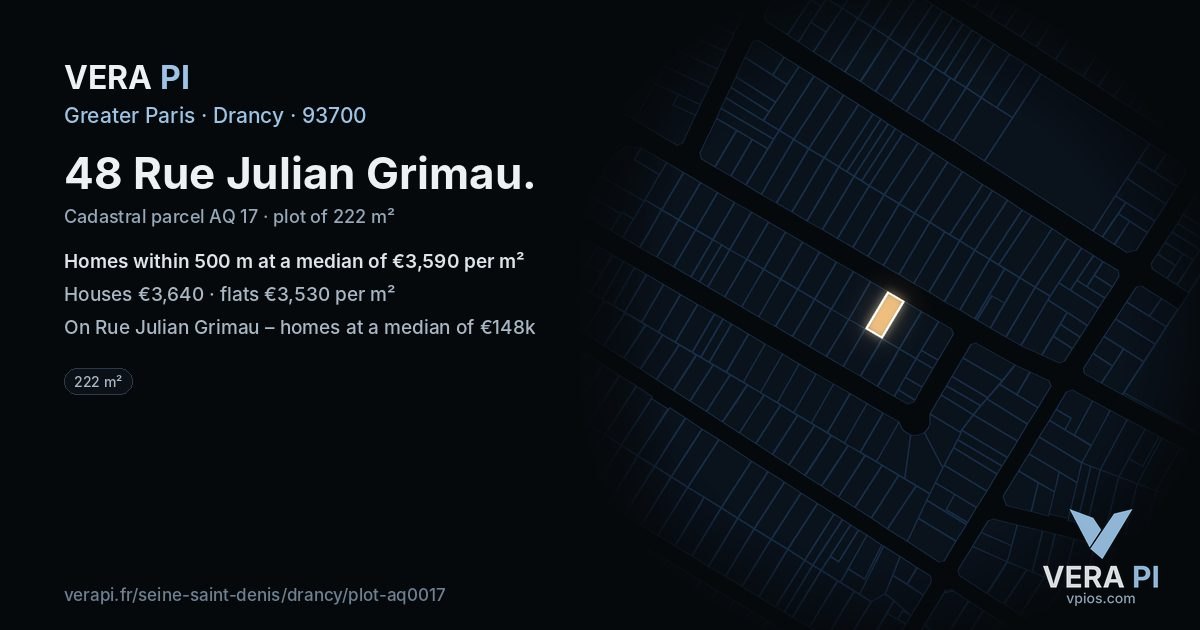48 Rue Julian Grimau, Drancy at night – the plot lit, the parcels around coloured by the prices near them