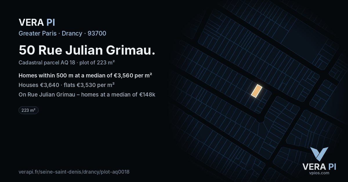 50 Rue Julian Grimau, Drancy at night – the plot lit, the parcels around coloured by the prices near them