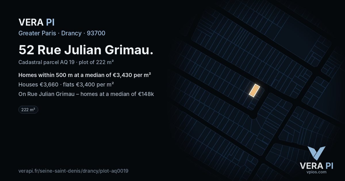 52 Rue Julian Grimau, Drancy at night – the plot lit, the parcels around coloured by the prices near them