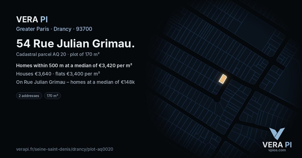 54 Rue Julian Grimau, Drancy at night – the plot lit, the parcels around coloured by the prices near them