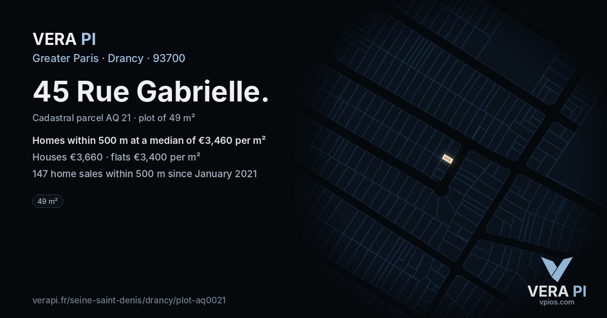 45 Rue Gabrielle, Drancy at night – the plot lit, the parcels around coloured by the prices near them