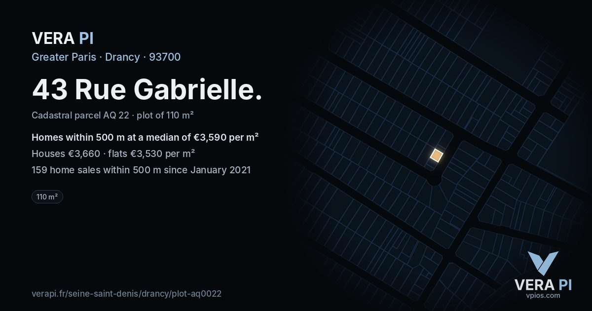 43 Rue Gabrielle, Drancy at night – the plot lit, the parcels around coloured by the prices near them
