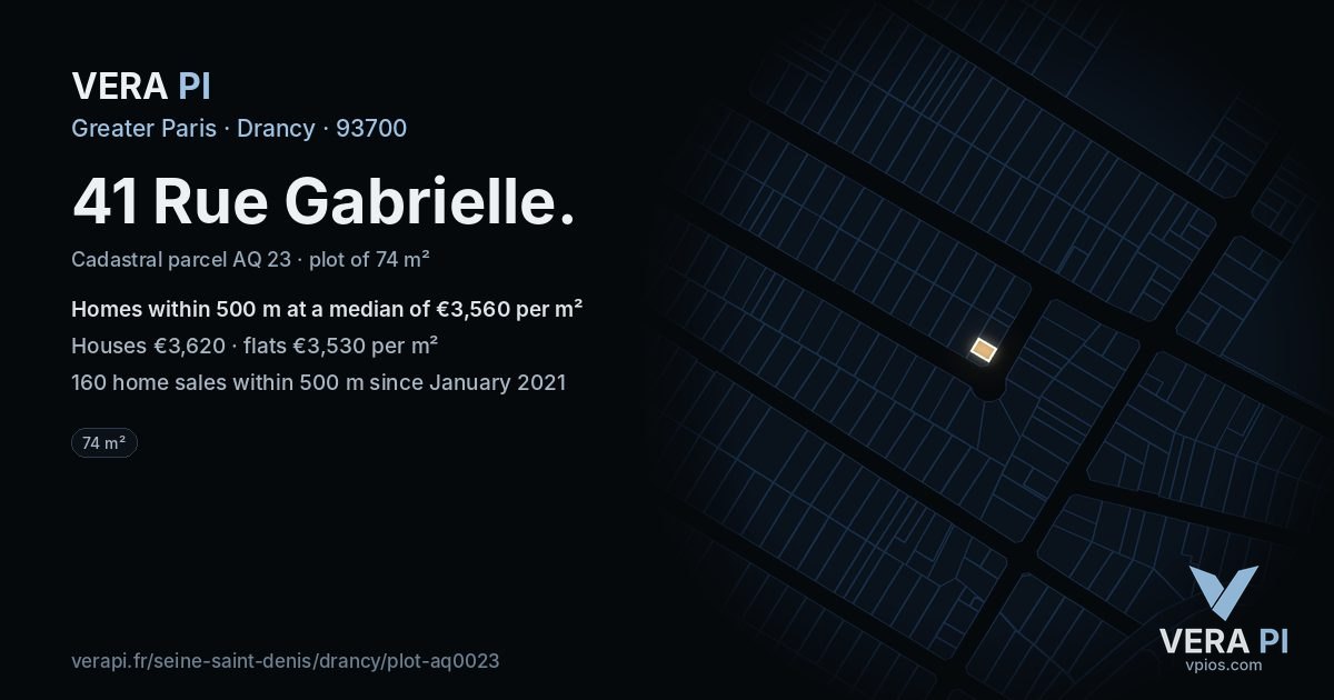 41 Rue Gabrielle, Drancy at night – the plot lit, the parcels around coloured by the prices near them