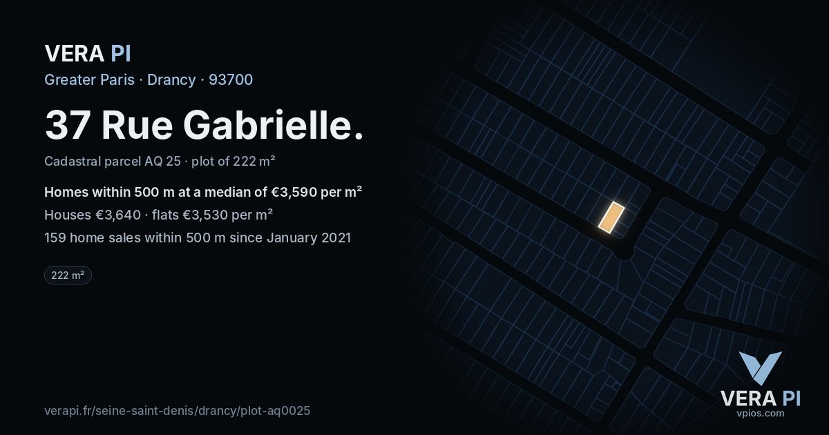 37 Rue Gabrielle, Drancy at night – the plot lit, the parcels around coloured by the prices near them