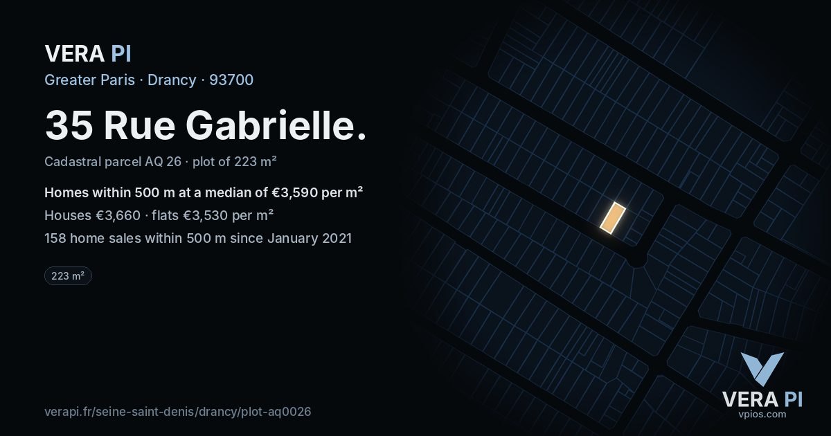 35 Rue Gabrielle, Drancy at night – the plot lit, the parcels around coloured by the prices near them
