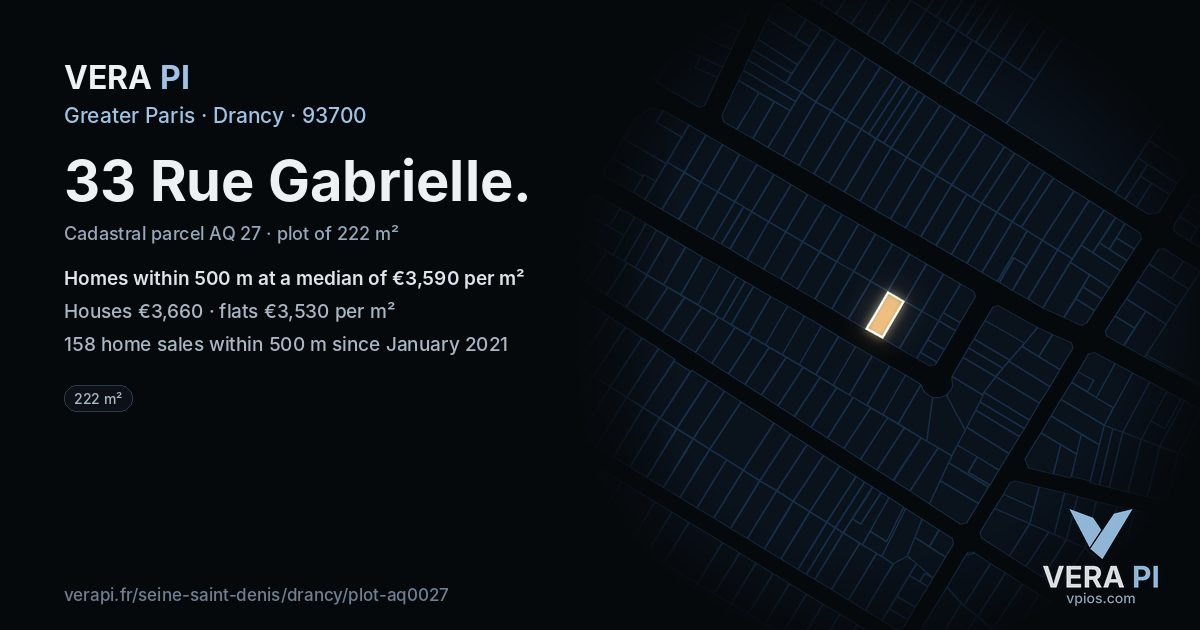 33 Rue Gabrielle, Drancy at night – the plot lit, the parcels around coloured by the prices near them