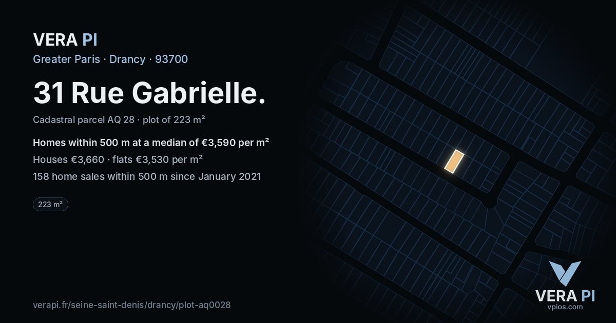 31 Rue Gabrielle, Drancy at night – the plot lit, the parcels around coloured by the prices near them