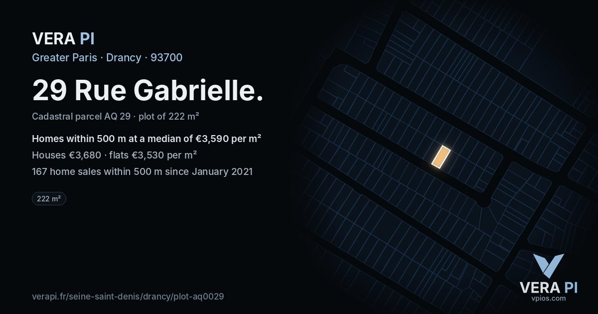 29 Rue Gabrielle, Drancy at night – the plot lit, the parcels around coloured by the prices near them