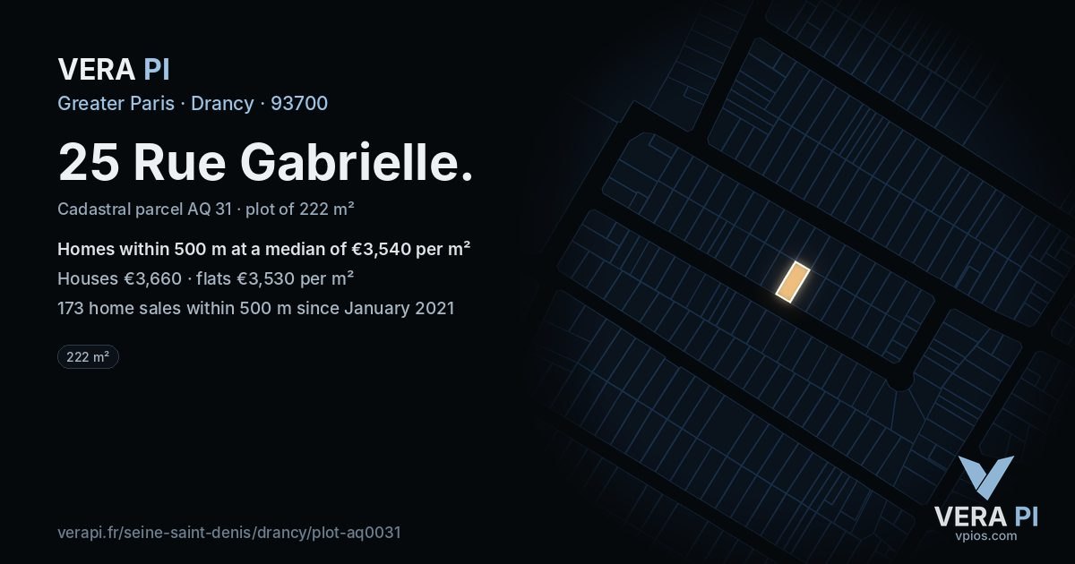 25 Rue Gabrielle, Drancy at night – the plot lit, the parcels around coloured by the prices near them