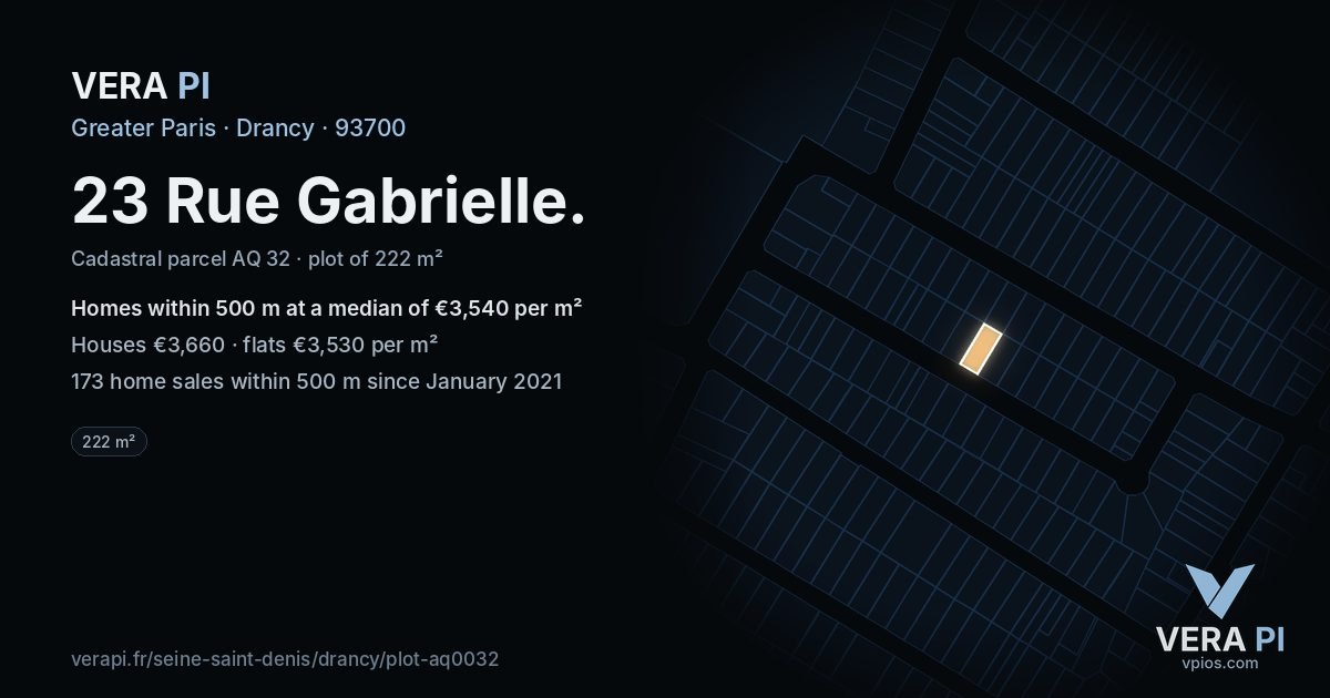 23 Rue Gabrielle, Drancy at night – the plot lit, the parcels around coloured by the prices near them