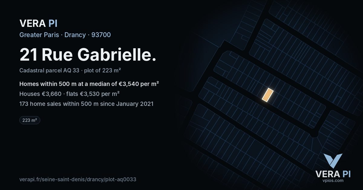 21 Rue Gabrielle, Drancy at night – the plot lit, the parcels around coloured by the prices near them
