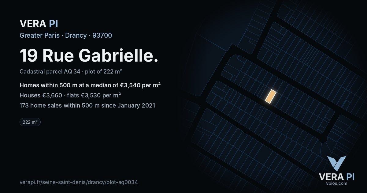 19 Rue Gabrielle, Drancy at night – the plot lit, the parcels around coloured by the prices near them