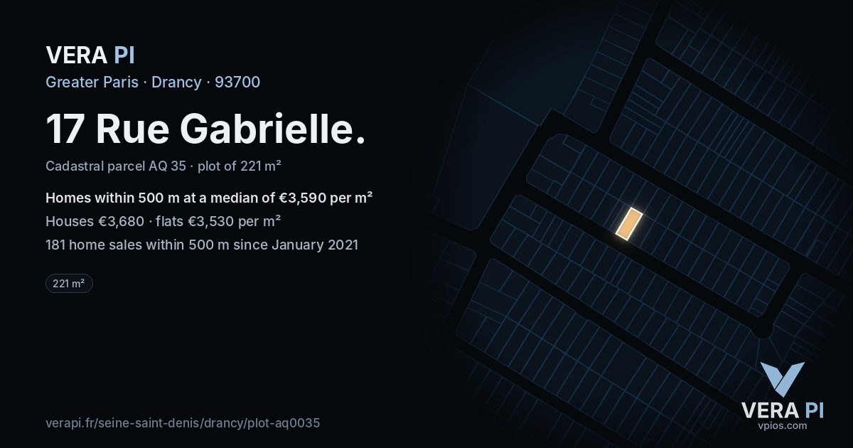 17 Rue Gabrielle, Drancy at night – the plot lit, the parcels around coloured by the prices near them