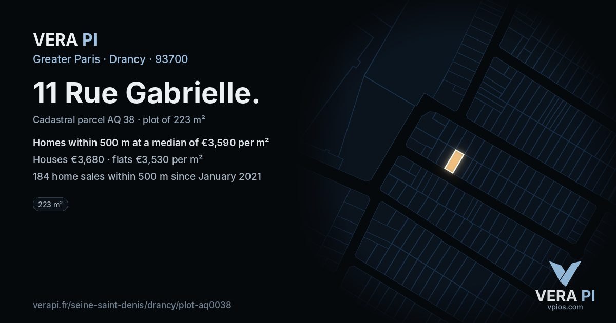 11 Rue Gabrielle, Drancy at night – the plot lit, the parcels around coloured by the prices near them