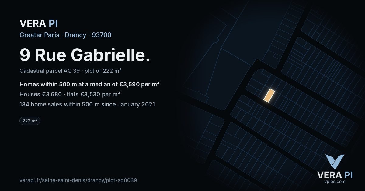 9 Rue Gabrielle, Drancy at night – the plot lit, the parcels around coloured by the prices near them