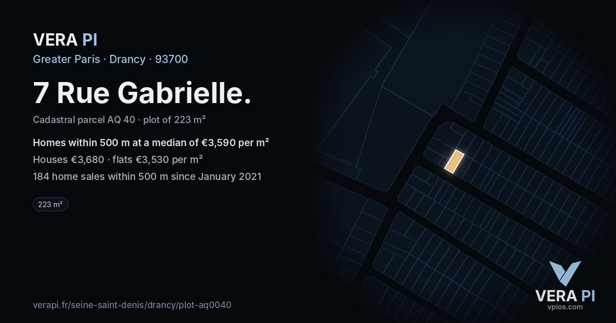 7 Rue Gabrielle, Drancy at night – the plot lit, the parcels around coloured by the prices near them