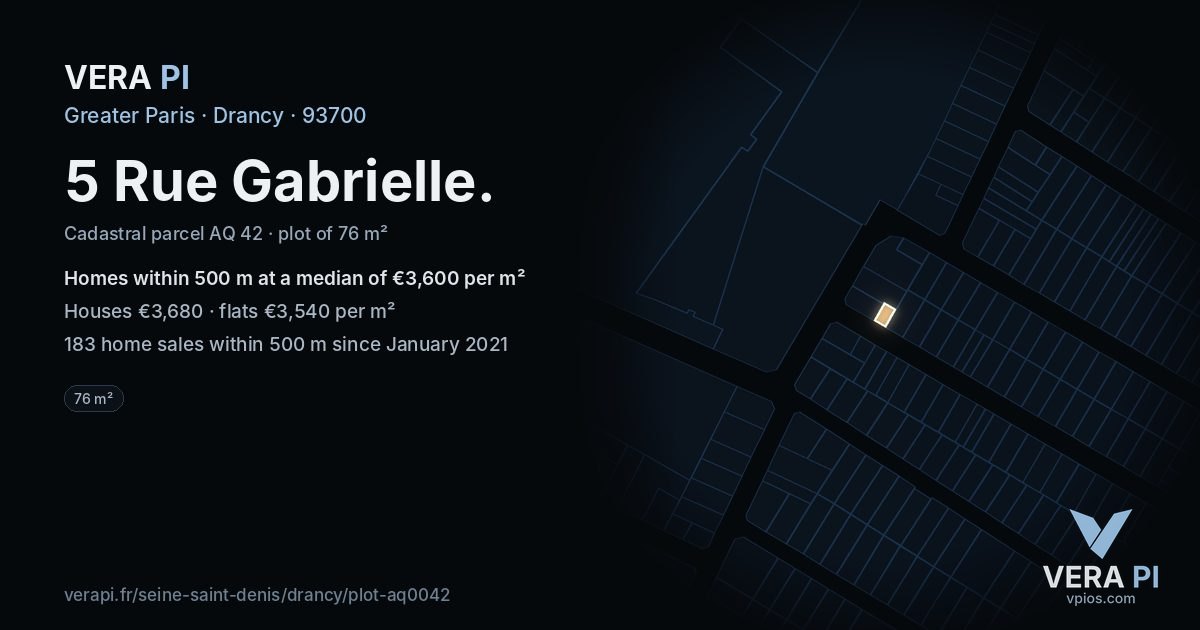 5 Rue Gabrielle, Drancy at night – the plot lit, the parcels around coloured by the prices near them