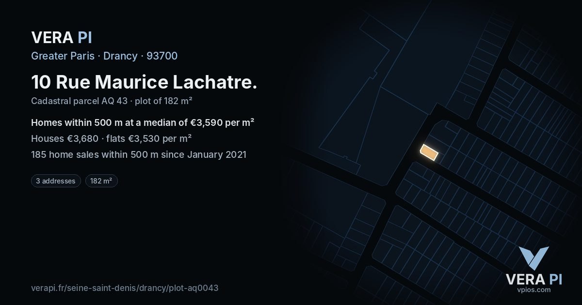 10 Rue Maurice Lachatre, Drancy at night – the plot lit, the parcels around coloured by the prices near them