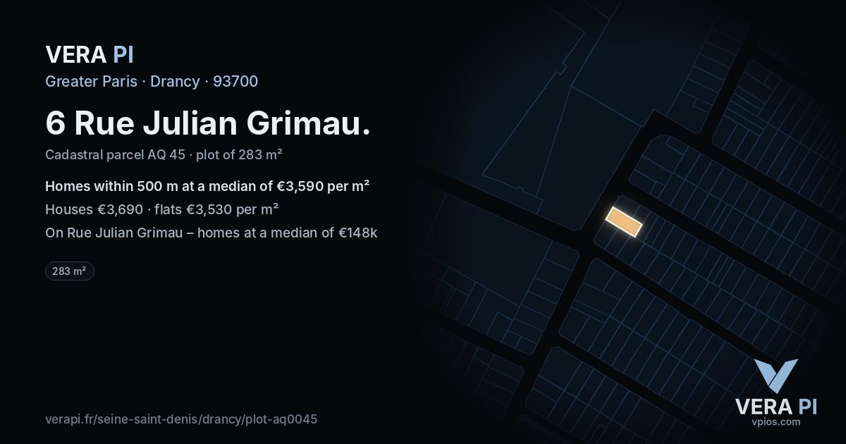 6 Rue Julian Grimau, Drancy at night – the plot lit, the parcels around coloured by the prices near them