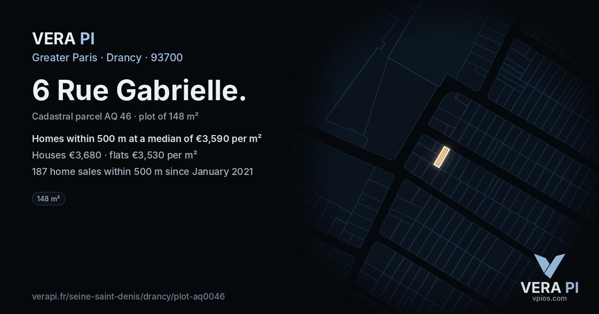 6 Rue Gabrielle, Drancy at night – the plot lit, the parcels around coloured by the prices near them