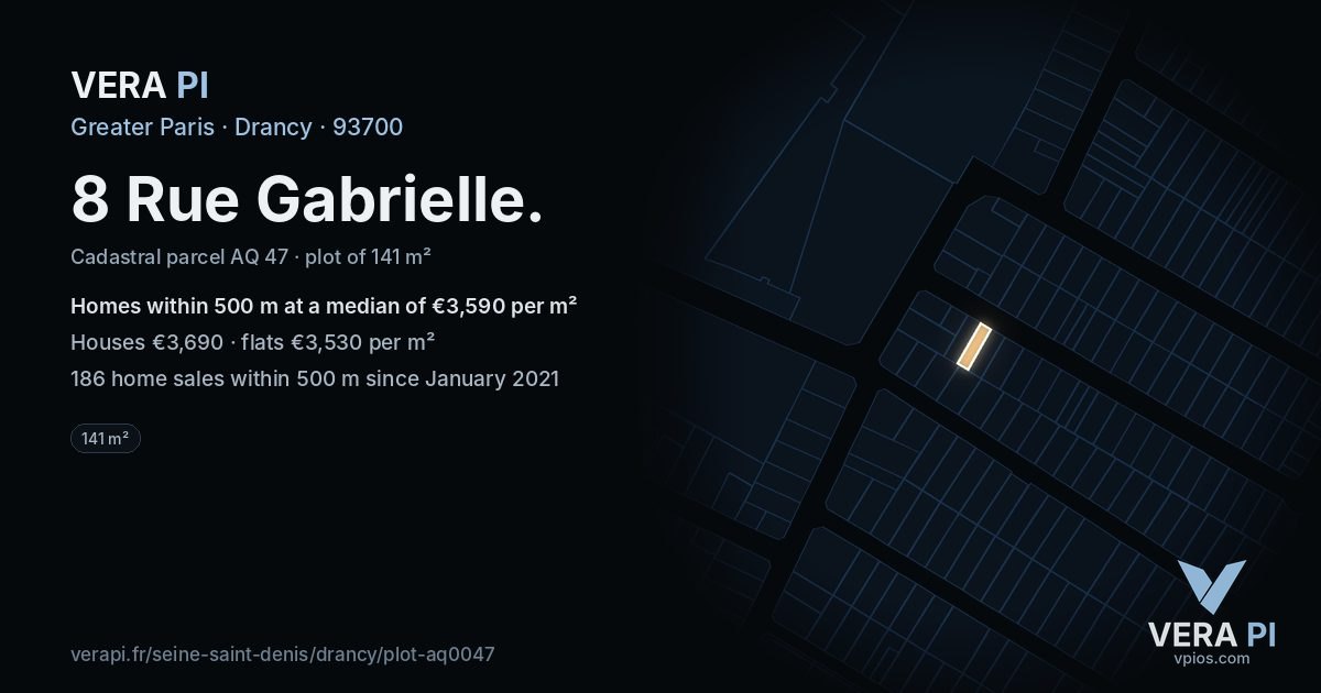 8 Rue Gabrielle, Drancy at night – the plot lit, the parcels around coloured by the prices near them