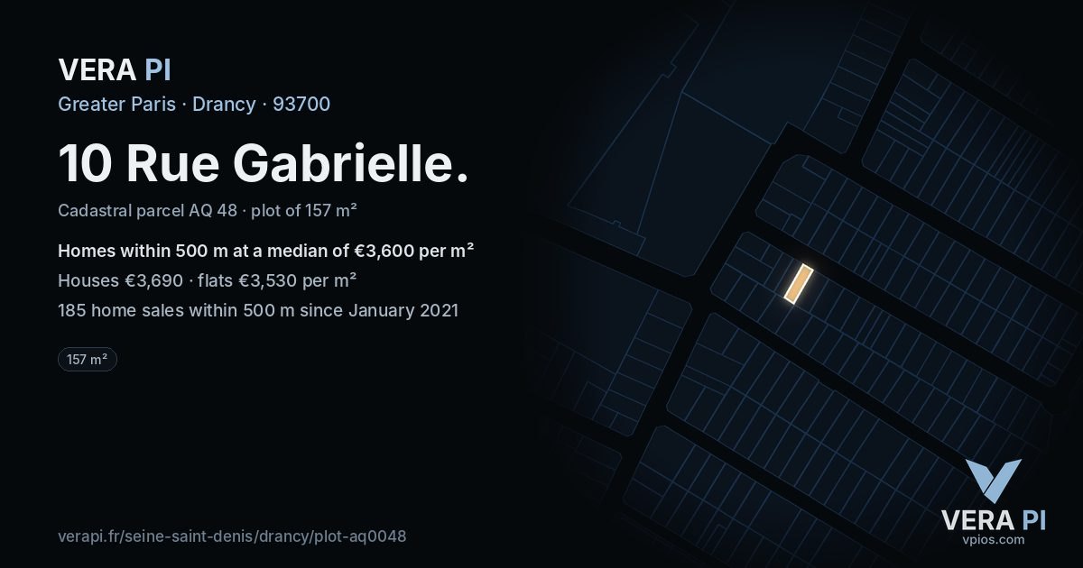 10 Rue Gabrielle, Drancy at night – the plot lit, the parcels around coloured by the prices near them