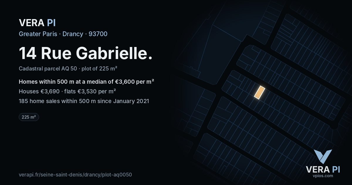 14 Rue Gabrielle, Drancy at night – the plot lit, the parcels around coloured by the prices near them