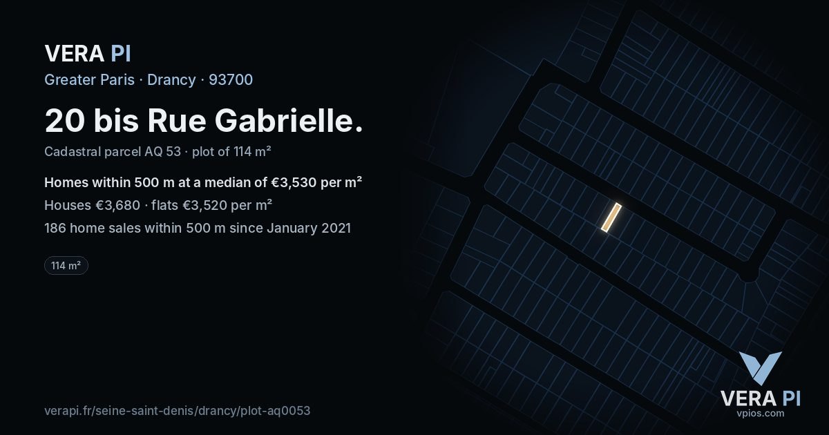 20 bis Rue Gabrielle, Drancy at night – the plot lit, the parcels around coloured by the prices near them