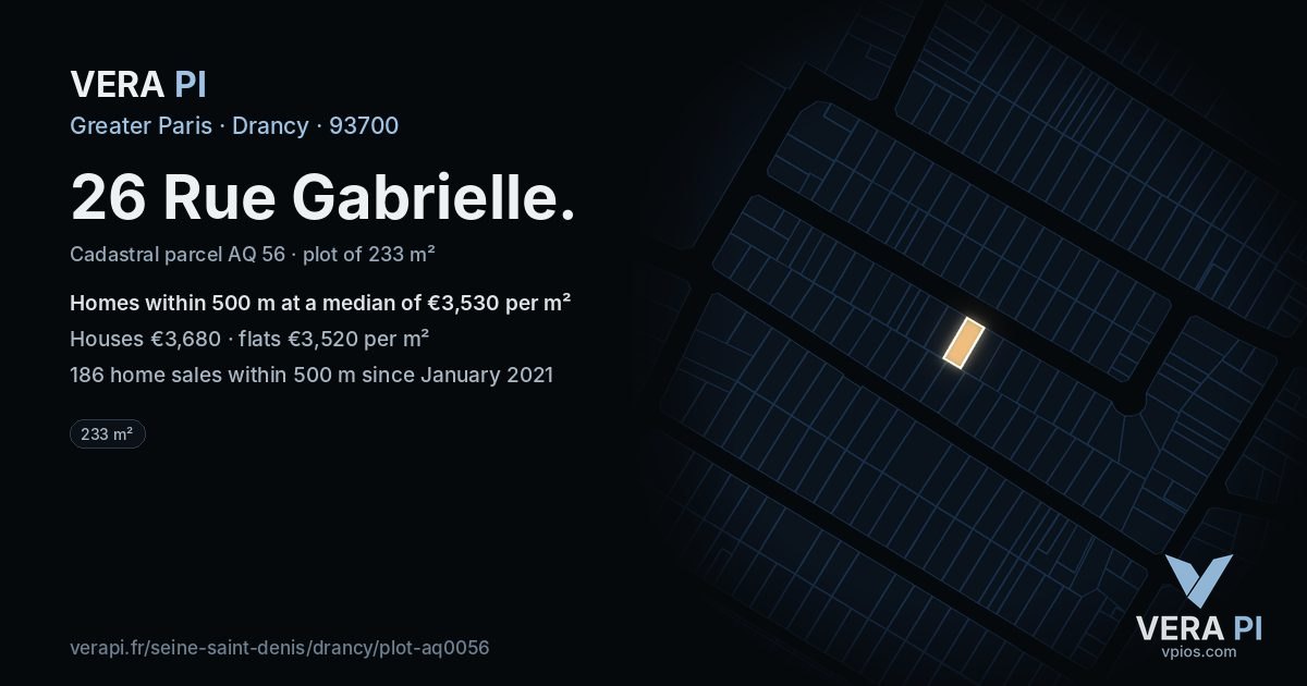 26 Rue Gabrielle, Drancy at night – the plot lit, the parcels around coloured by the prices near them