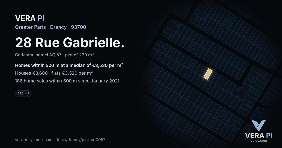 28 Rue Gabrielle, Drancy at night – the plot lit, the parcels around coloured by the prices near them