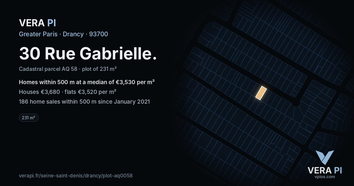 30 Rue Gabrielle, Drancy at night – the plot lit, the parcels around coloured by the prices near them