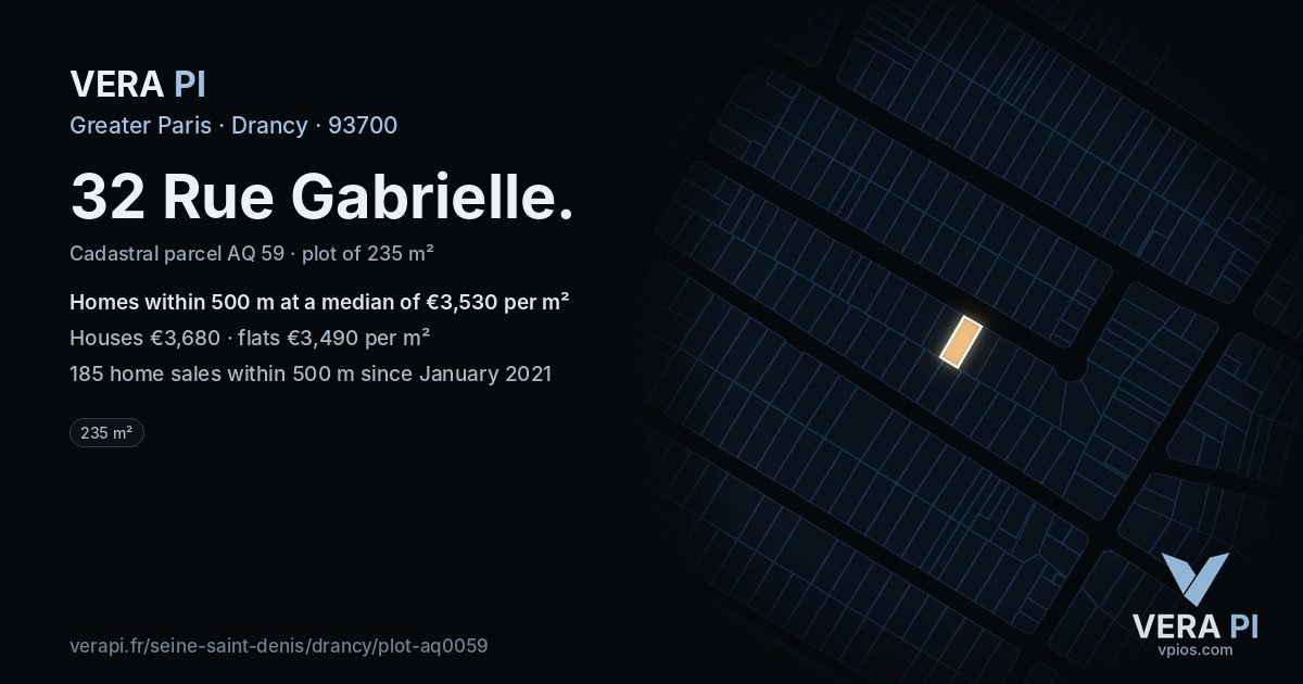 32 Rue Gabrielle, Drancy at night – the plot lit, the parcels around coloured by the prices near them