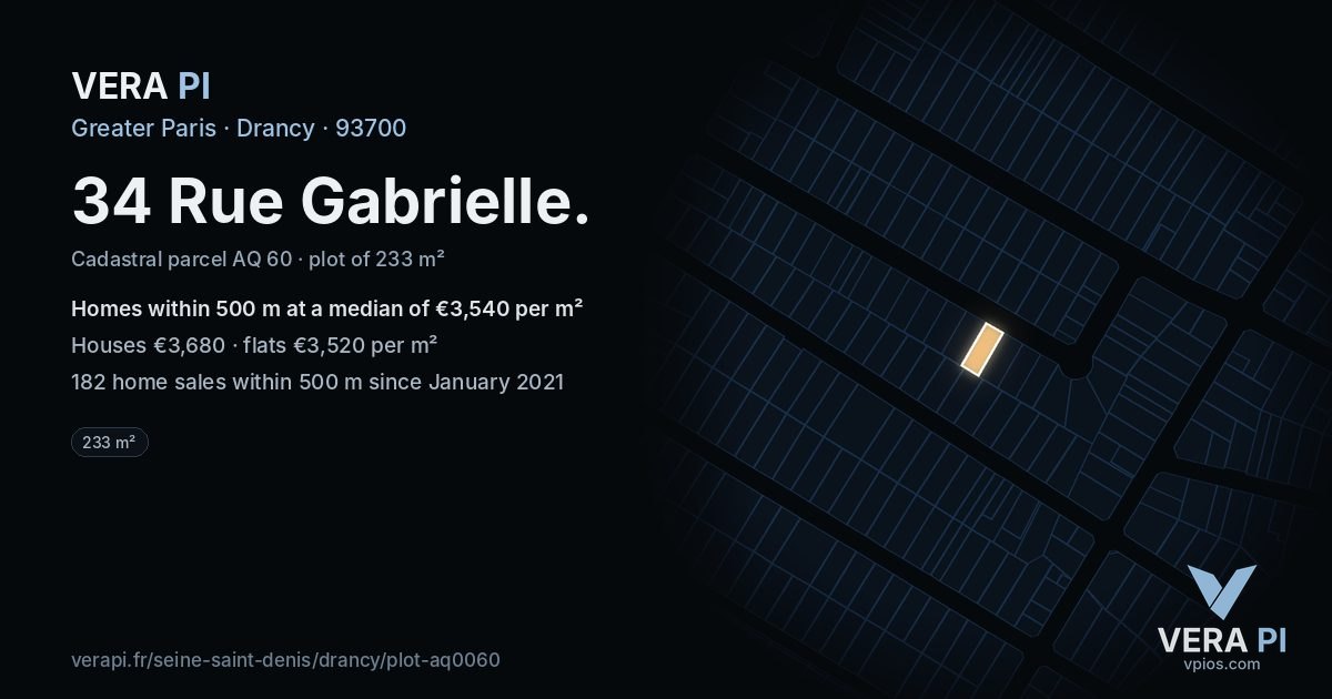 34 Rue Gabrielle, Drancy at night – the plot lit, the parcels around coloured by the prices near them