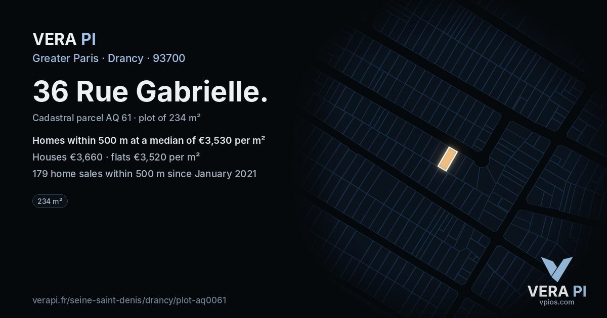 36 Rue Gabrielle, Drancy at night – the plot lit, the parcels around coloured by the prices near them