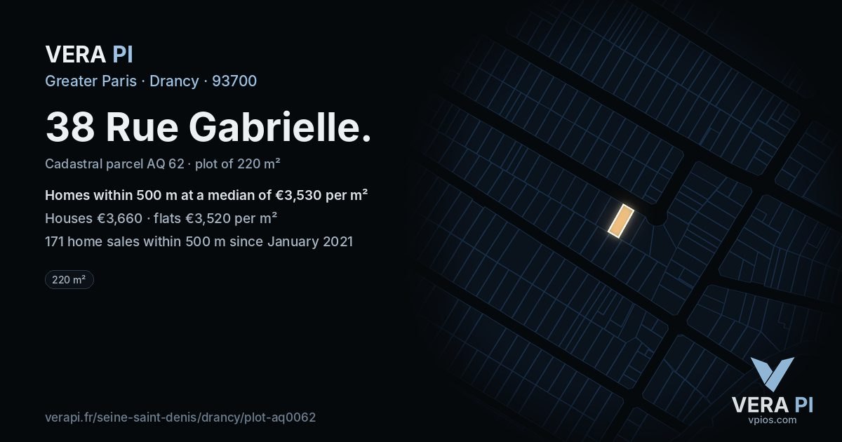 38 Rue Gabrielle, Drancy at night – the plot lit, the parcels around coloured by the prices near them