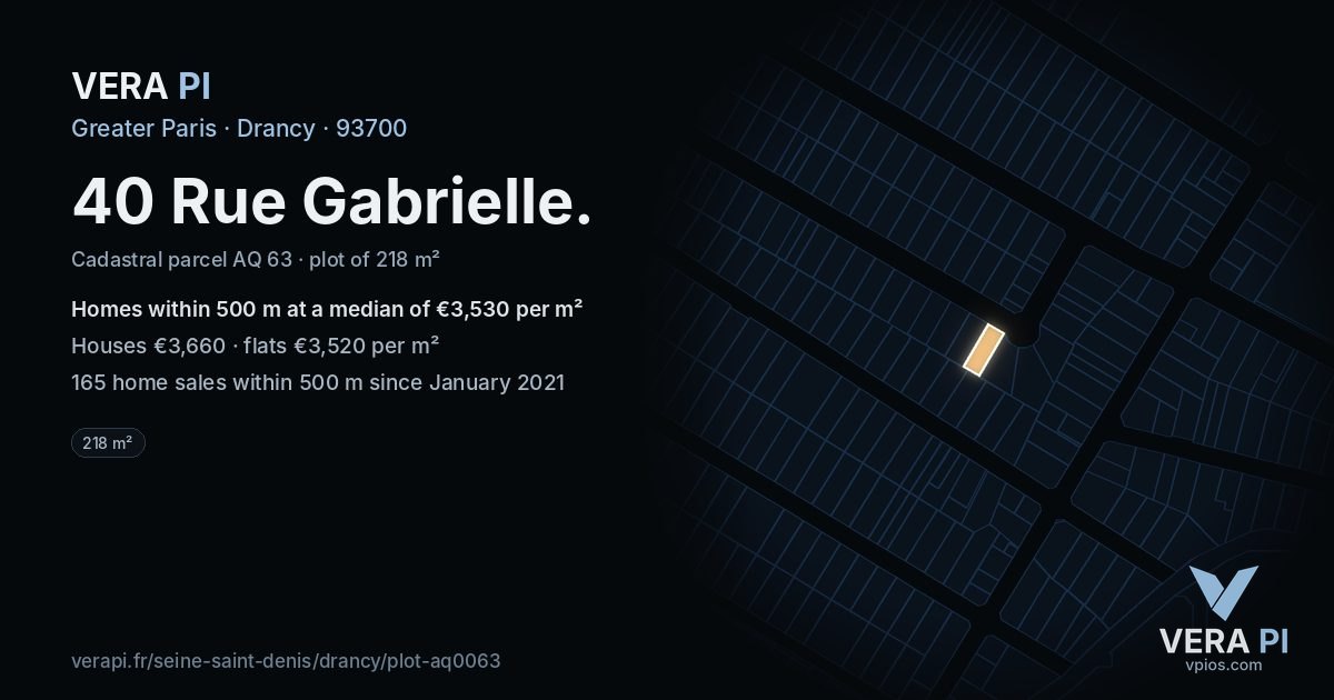 40 Rue Gabrielle, Drancy at night – the plot lit, the parcels around coloured by the prices near them