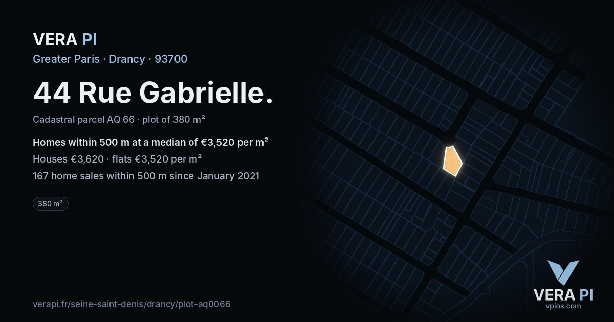 44 Rue Gabrielle, Drancy at night – the plot lit, the parcels around coloured by the prices near them