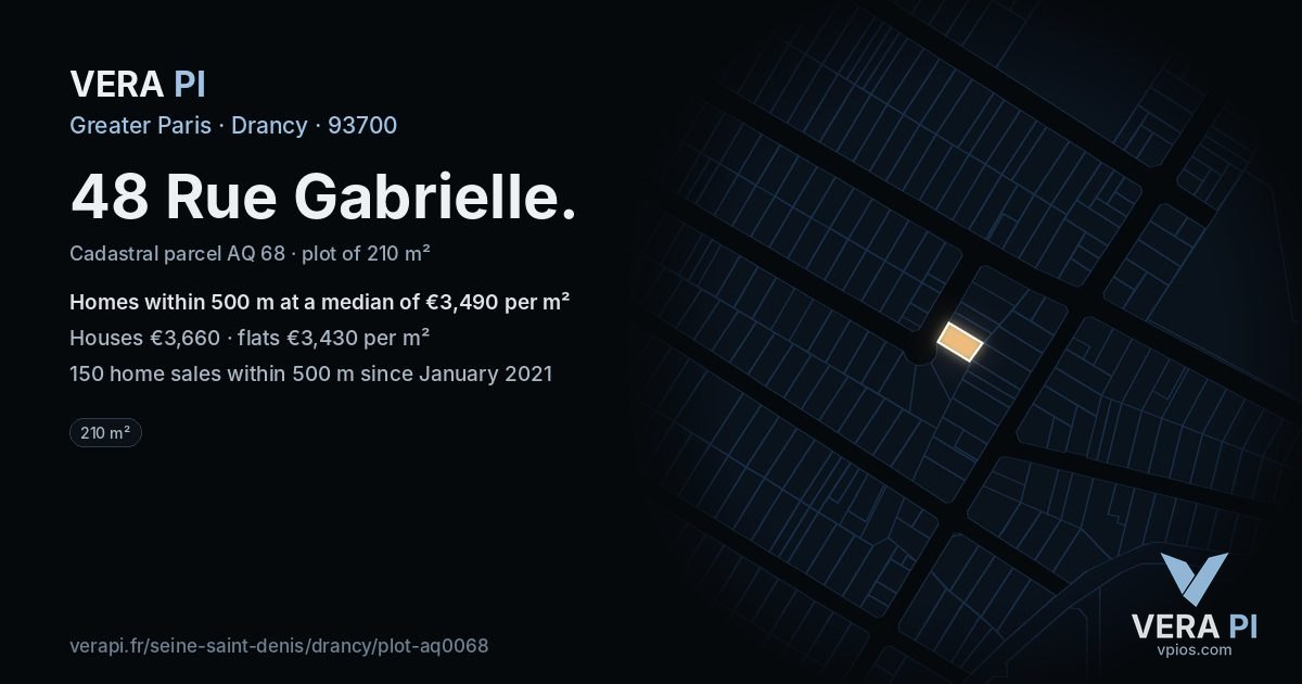 48 Rue Gabrielle, Drancy at night – the plot lit, the parcels around coloured by the prices near them