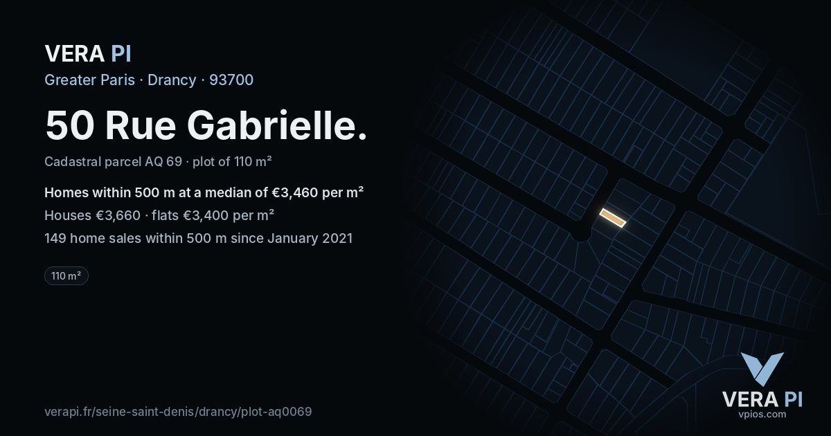 50 Rue Gabrielle, Drancy at night – the plot lit, the parcels around coloured by the prices near them