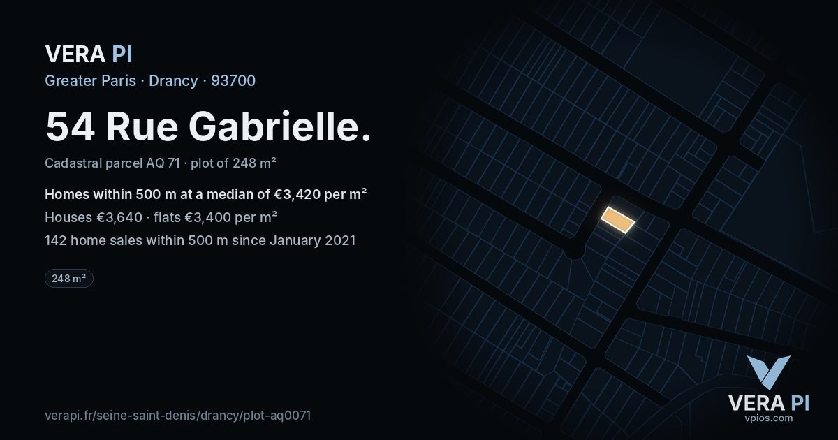 54 Rue Gabrielle, Drancy at night – the plot lit, the parcels around coloured by the prices near them