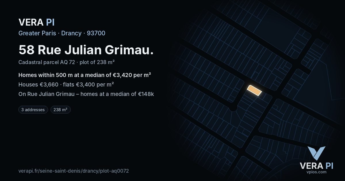 58 Rue Julian Grimau, Drancy at night – the plot lit, the parcels around coloured by the prices near them