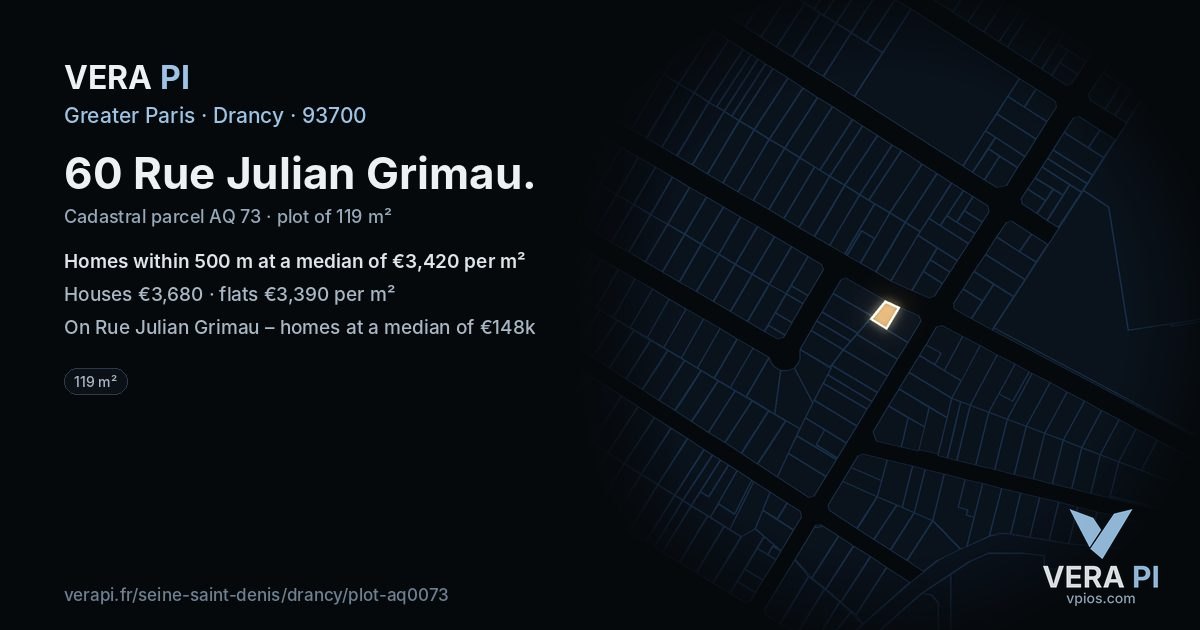 60 Rue Julian Grimau, Drancy at night – the plot lit, the parcels around coloured by the prices near them