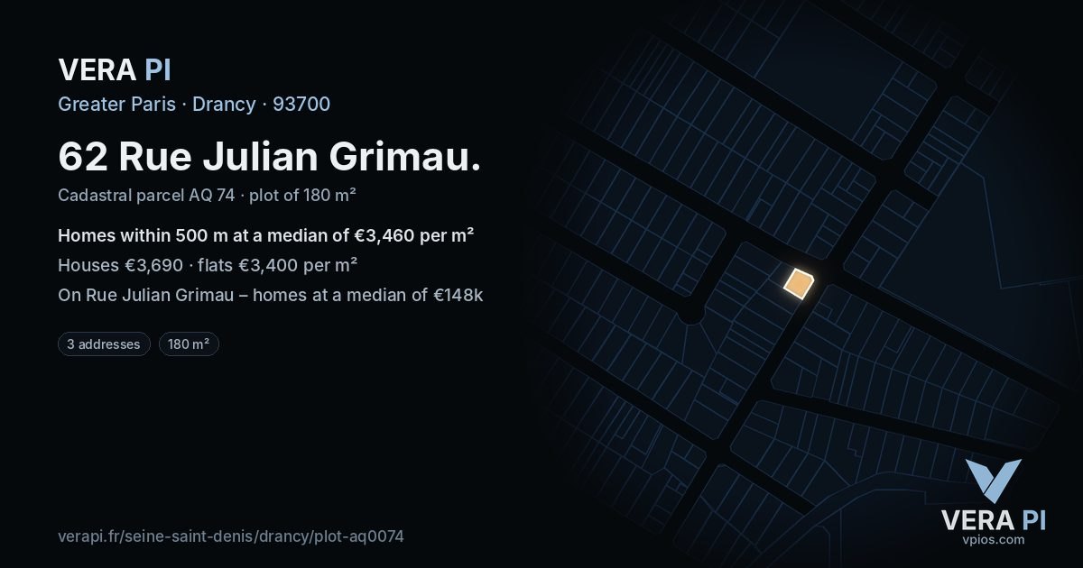 62 Rue Julian Grimau, Drancy at night – the plot lit, the parcels around coloured by the prices near them